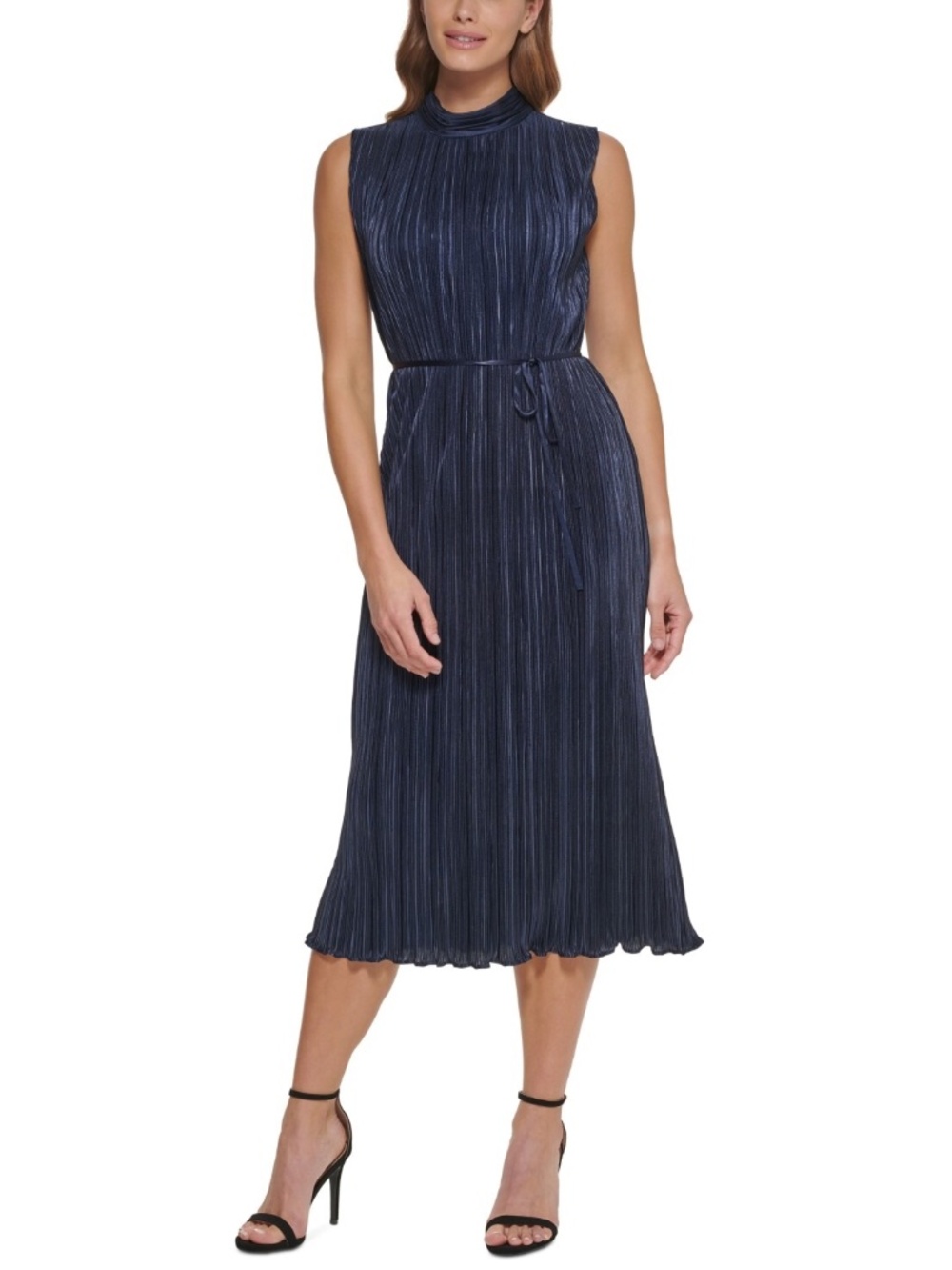 DKNY Pleated Mock Neck Midi Dress- Navy